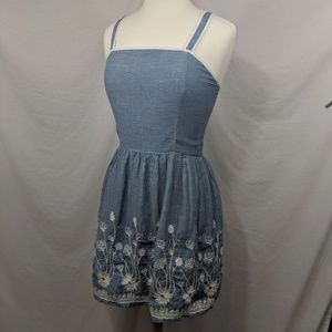 Buttons Blue Chambray Floral Embroidery Dress